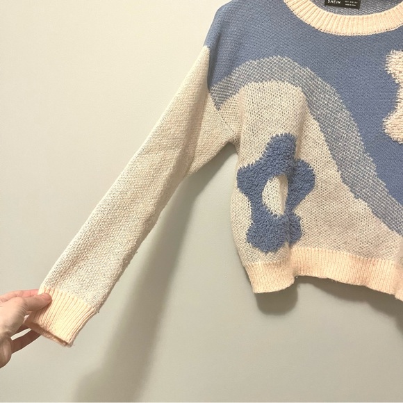 🍭 3/$15 blue & pink soft teddy retro boho flower sweater - Picture 8 of 11